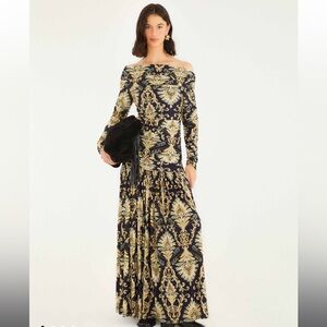 FARM Rio Navy Blue Wonderful Arabesque Off-Shoulder Maxi Dress